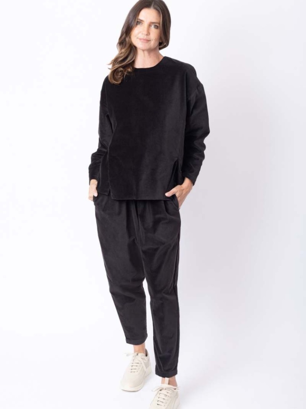 Black Crane Velvet Slit Top and Carpenter Pants